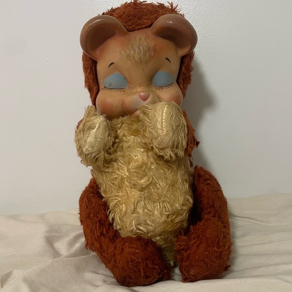 VINTAGE RUBBER FACE PLUSH PINK TEDDY BEAR RUSHTON GUND POUTING TOY 1950 60S RARE